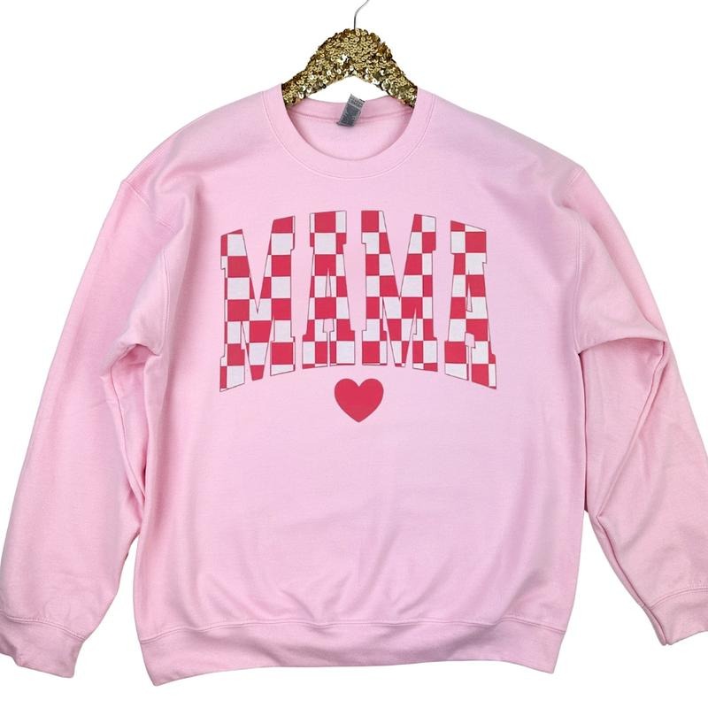 Checkered Mama Gildan Sweatshirt -- LIGHT PINK T-Shirts, Hoodie | PureTeeCo.com