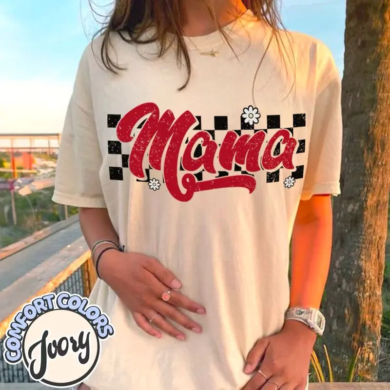 Checkered Mama Shirt, Retro Mama T-Shirt, Boho Mama Shirt, Pregnancy Announcement Shirt, Motherhood Shirt, Mom Aesthetic...