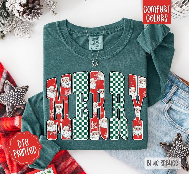 Checkered Merry Comfort Colors Long Sleeve T-Shirt, Cute Women's Christmas Tee Hoodie, Sweatshirt | PureTeeCo.com