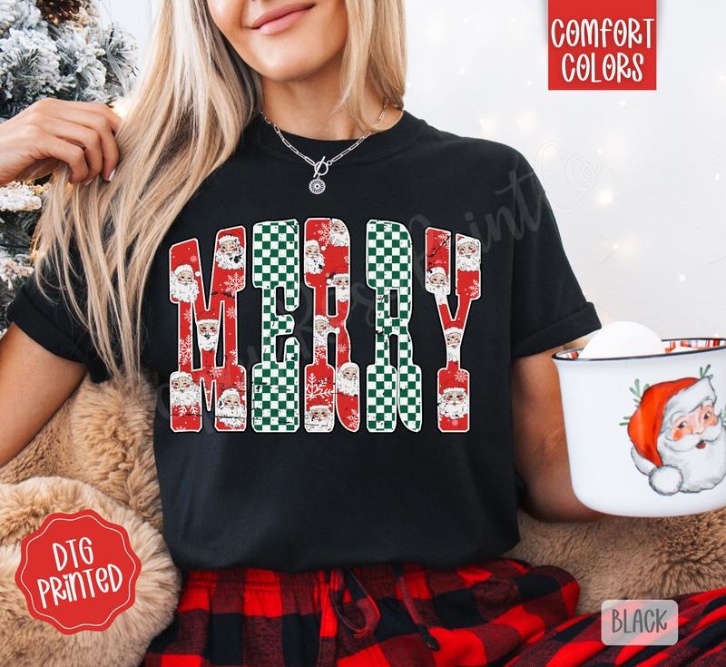 Checkered Merry Comfort Colors, Trendy Women's Christmas Tshirt Hoodie, Sweatshirt | PureTeeCo.com