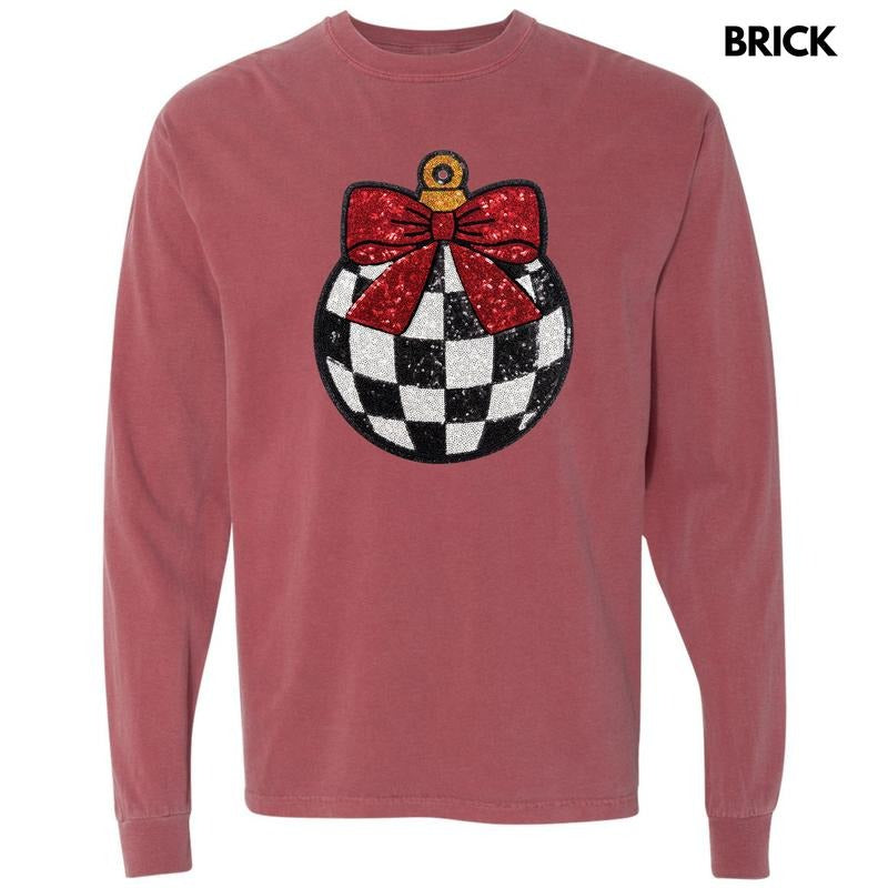 Checkered Ornament Sequin Patch Long Sleeve Comfort Colors T-Shirt Hoodie, Sweatshirt | PureTeeCo.com