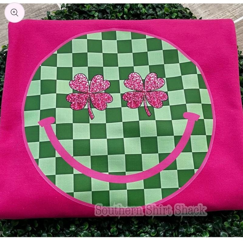 Checkered Smiley Shamrock Sweatshirt | Hot Pink Sweatshirt