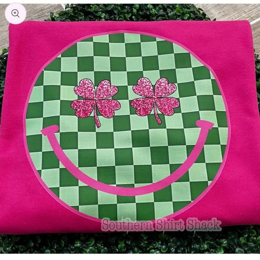 Checkered Smiley Shamrock Sweatshirt | Hot Pink Sweatshirt
