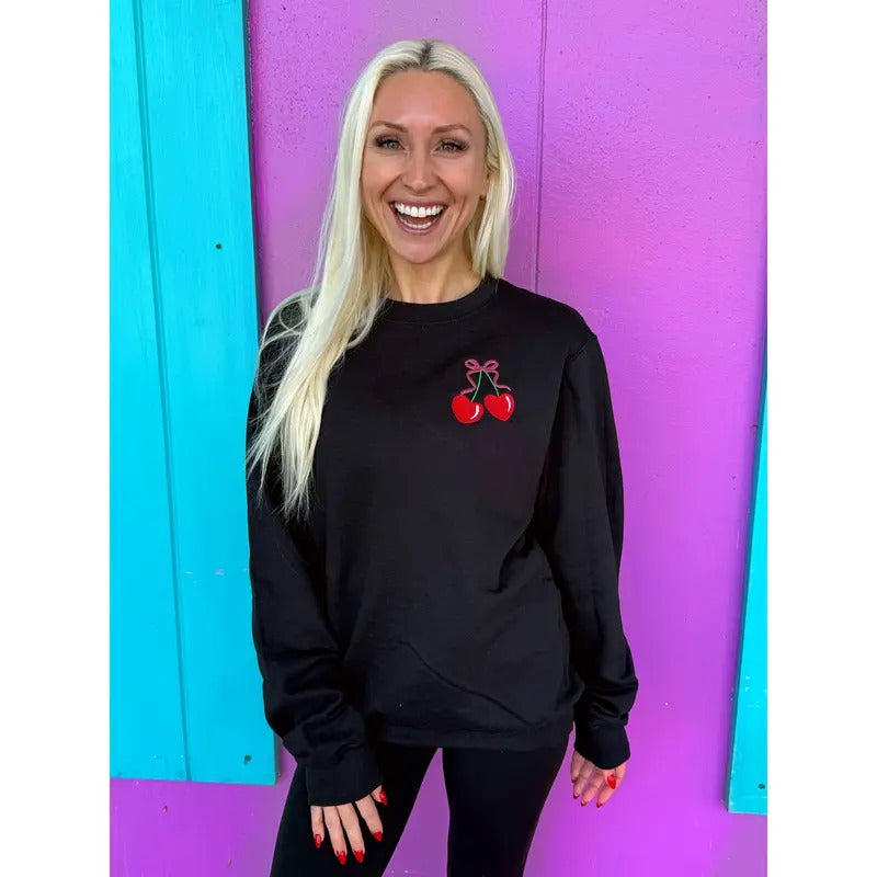 Cherry Bow Embroidered Black Sweatshirt T-Shirts, Hoodie | PureTeeCo.com