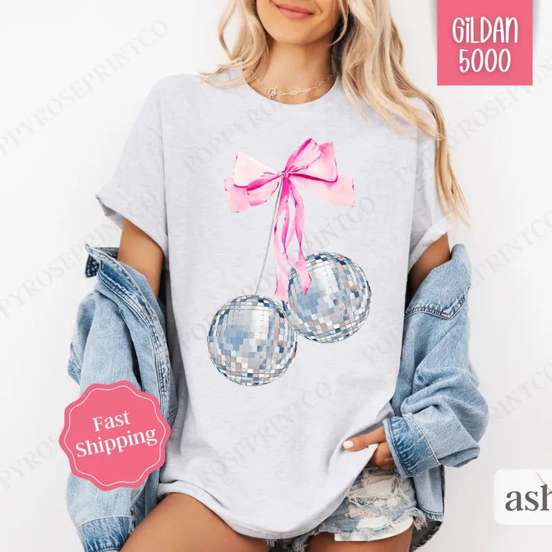 Cherry Disco Bow Shirt Gildan, New Year's 2025 Women's Tee,  NYE Women's Tshirt Plus Sizes Hoodie, Sweatshirt | PureTeeCo.com
