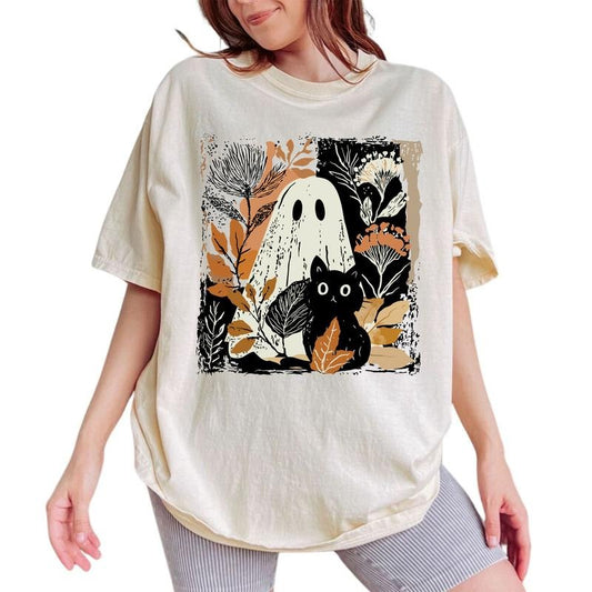 ChicCotton Halloween Ghost And Black Cat Comfort Colors Shirt, Floral Fall T-shirt, Autumn Vibes Graphic Tee, Spooky Season Clothing