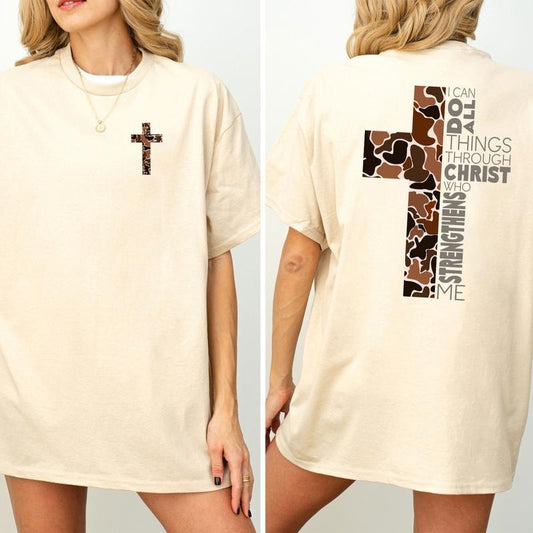 Christian Camo Cross T-Shirt, Philippians 4:13 Faith Tee, Religious Military-Inspired Apparel, Womenswear Ultra Soft Cotton Tee, Casual Everyday Graphic T-Shirt