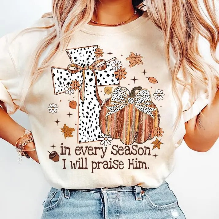 Christian Fall T-Shirt, Coquette Gold Glitter Pumpkin Sweatshirt, Jesus Cross Dalmatian Dots Praise Him Clothing, Unisex...