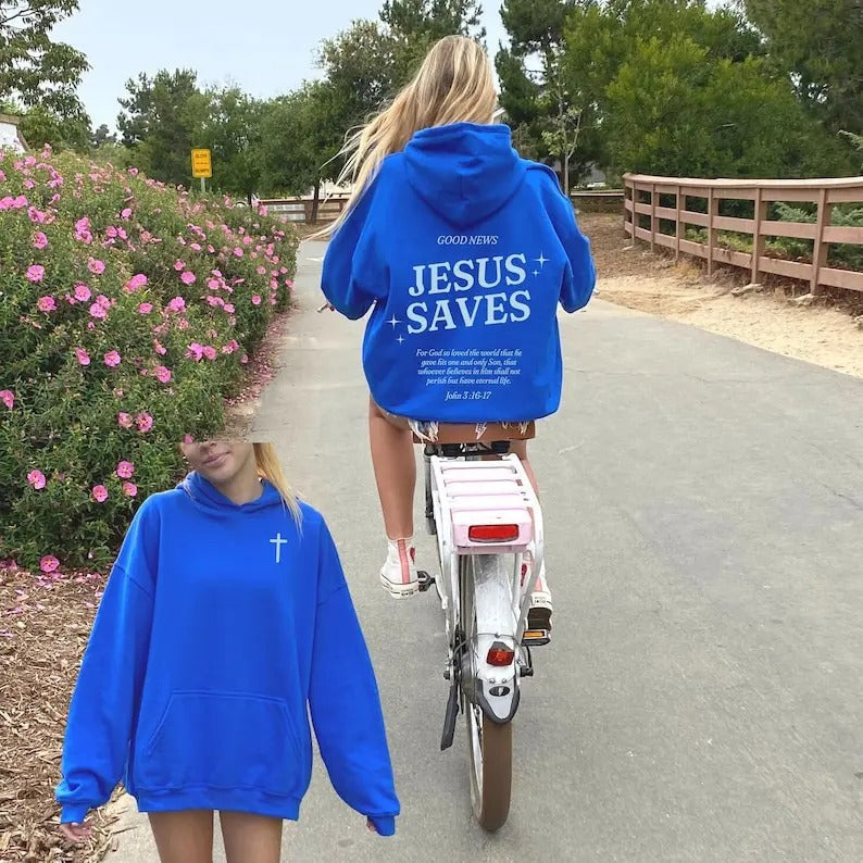 Christian Hoodies - Jesus Saves Hoodie, Blue Casual Sweatshirt with Bible Verse, Cotton and Polyester Blend, Long Sleeve,...