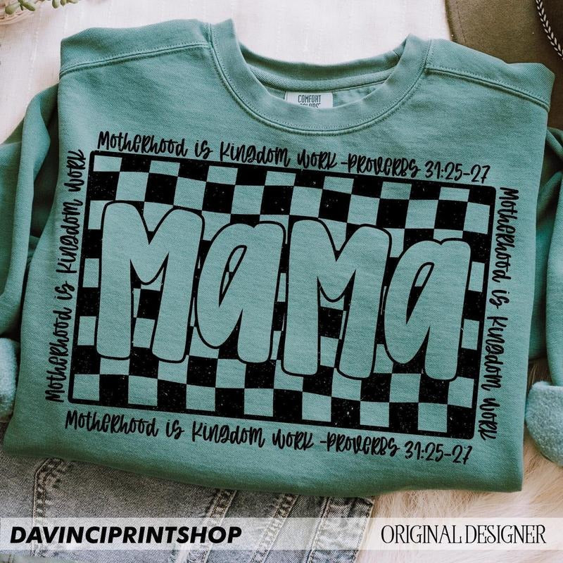 Christian Mom Shirt, Retro Checkered Mama, Motherhood is Kingdom Work Shirt, Christian Mothers Day Shirt,  Mama Shirt...