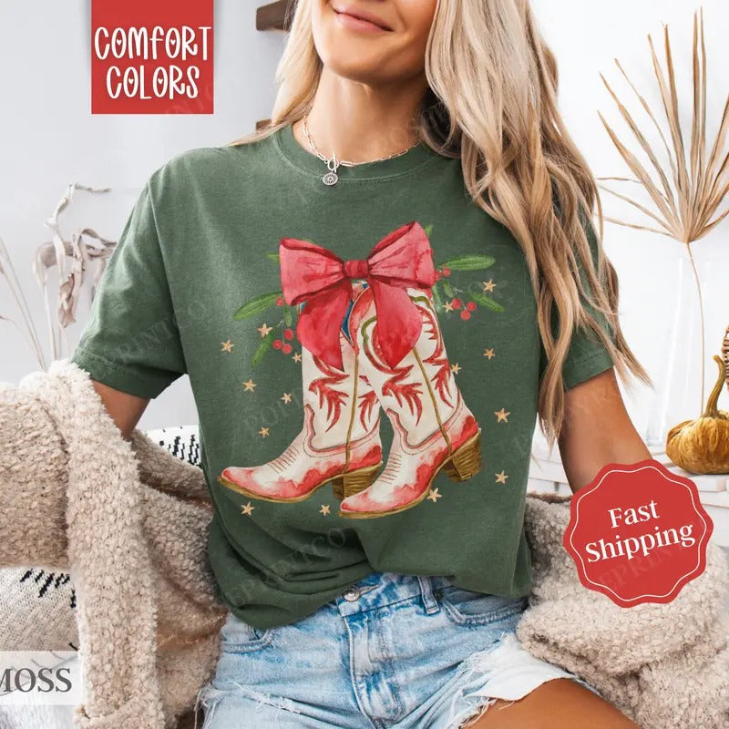 Christmas Boots Shirt Comfort Colors Holiday Tshirt,  Country Christmas Tee, Women's Holiday Tee Hoodie, Sweatshirt