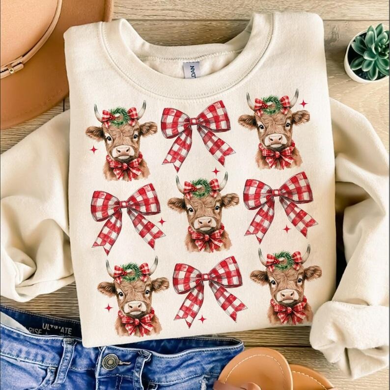 Christmas Coquette Highland Cow | Western Xmas Sweatshirt | Aesthetic Crewneck Design T-Shirts, Hoodie | PureTeeCo.com