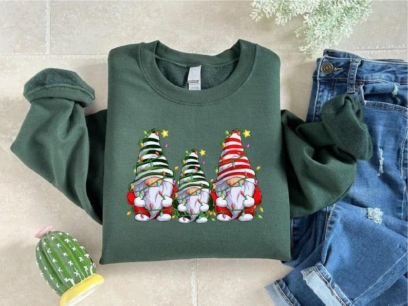 Christmas Gnomes Sweatshirt, Cute Gnome Shirt, Women Holiday Gift, Christmas Gnomes Tee, Christmas Lights Crewneck, Funny...