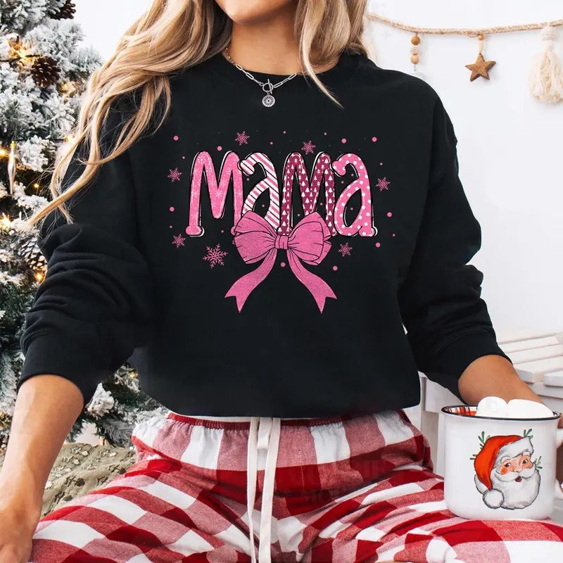 Christmas Mama Sweatshirt, Coquette Bow Christmas Mama Claus Shirt - Fabric, Pullover Hoodie | PureTeeCo.com