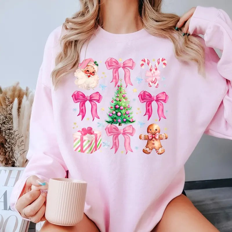 Christmas Pink Coquette Sweatshirt, Pink Christmas Bow Santa Claus Sweater, Xmas Holiday Shirt, Girly Christmas Shirt,...