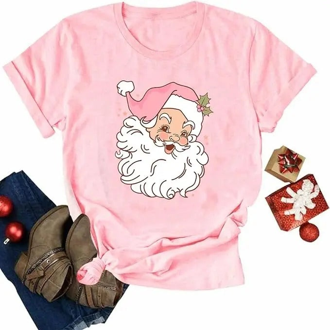 Christmas Shirts for Women Pink Santa T Shirt Retro Christmas Claus Graphic Tees Xmas Tops Hoodie, Sweatshirt | PureTeeCo.com