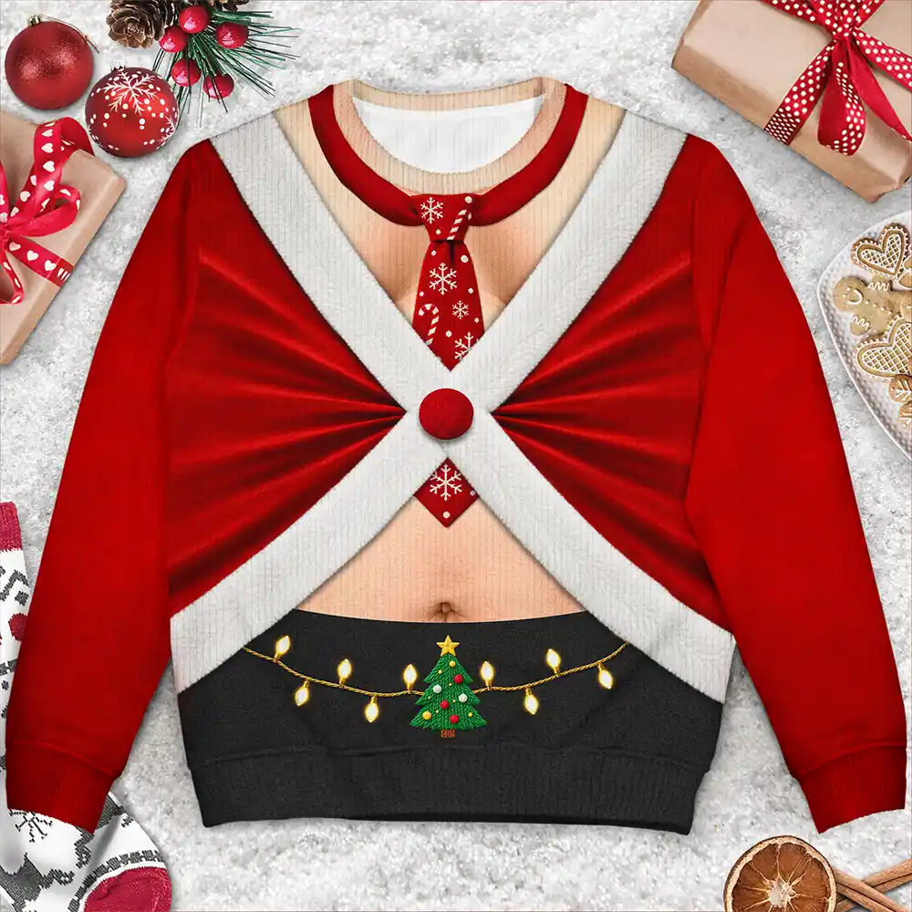 Christmas Gift For Husband Dad Grandpa - Personalized Santa Elf Hairy Belly Unisex Ugly Sweater