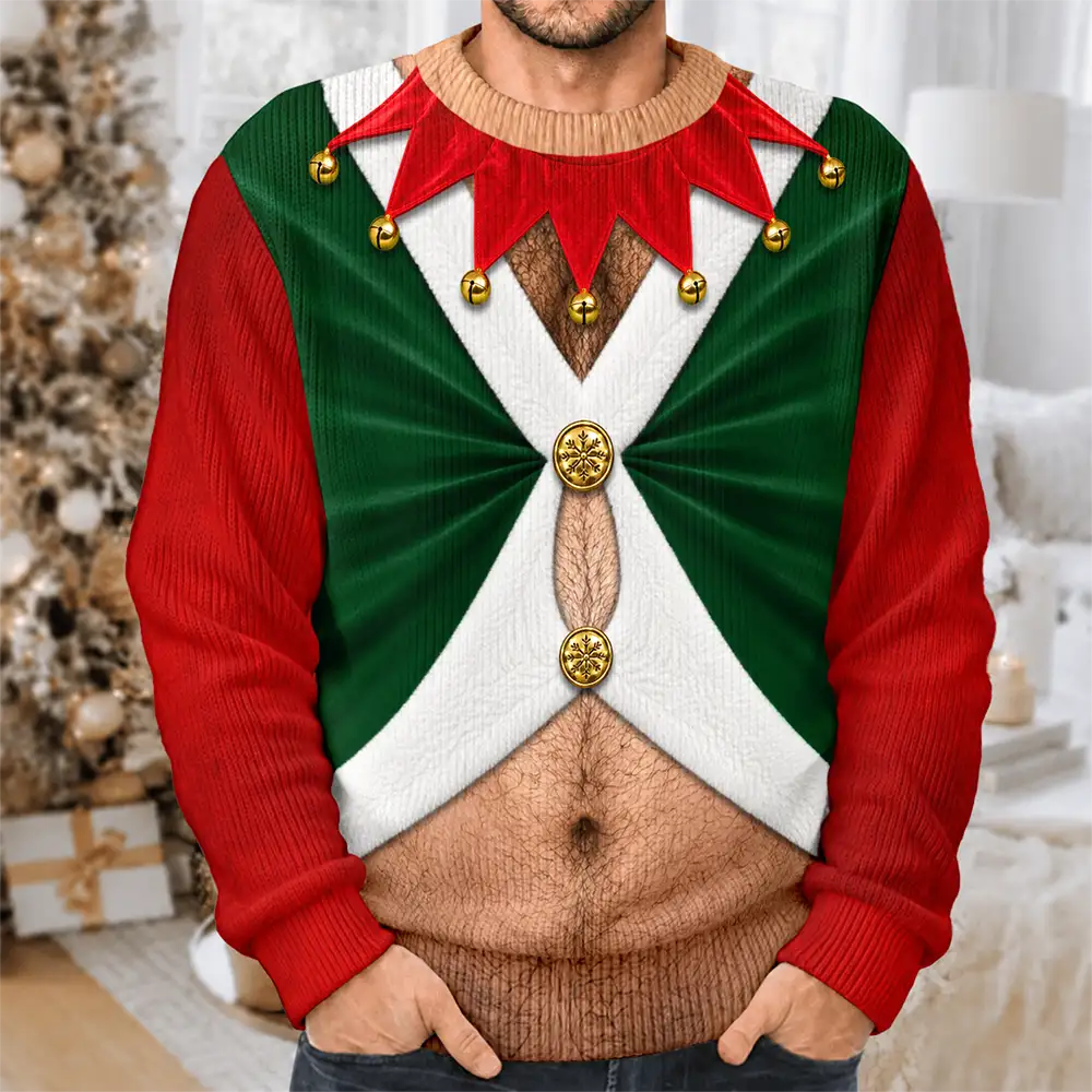 Christmas Gift For Husband Dad Grandpa - Personalized Santa Elf Hairy Belly Unisex Ugly Sweater