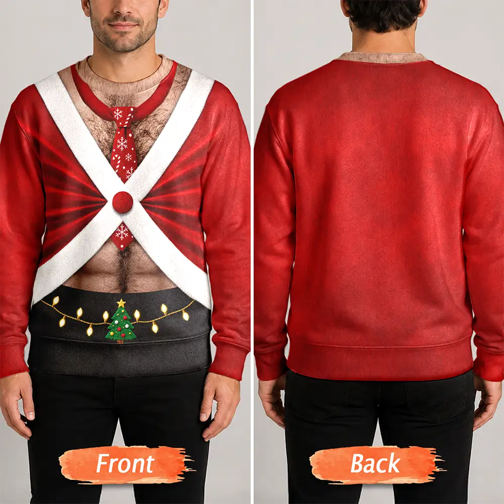 Christmas Gift For Husband Dad Grandpa - Personalized Santa Elf Hairy Belly Unisex Ugly Sweater