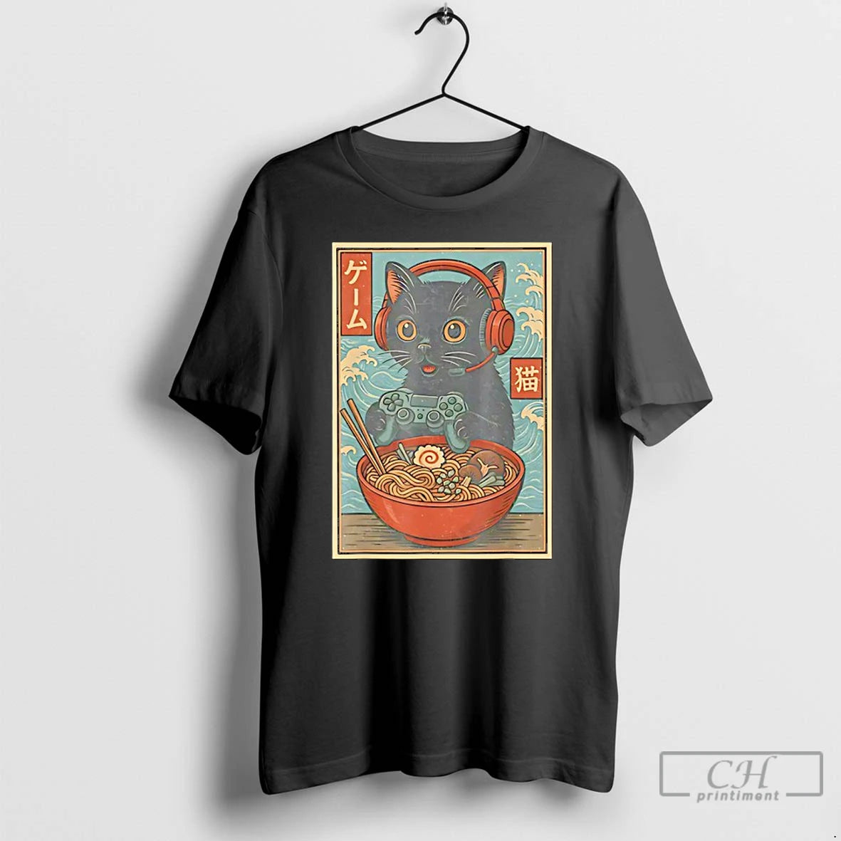 Classic Black Japanese Cat Holding Gamepad And Wearing Head Phone Eat Ramen Retro T Shirts Hoodie, Sweatshirt | PureTeeCo.com