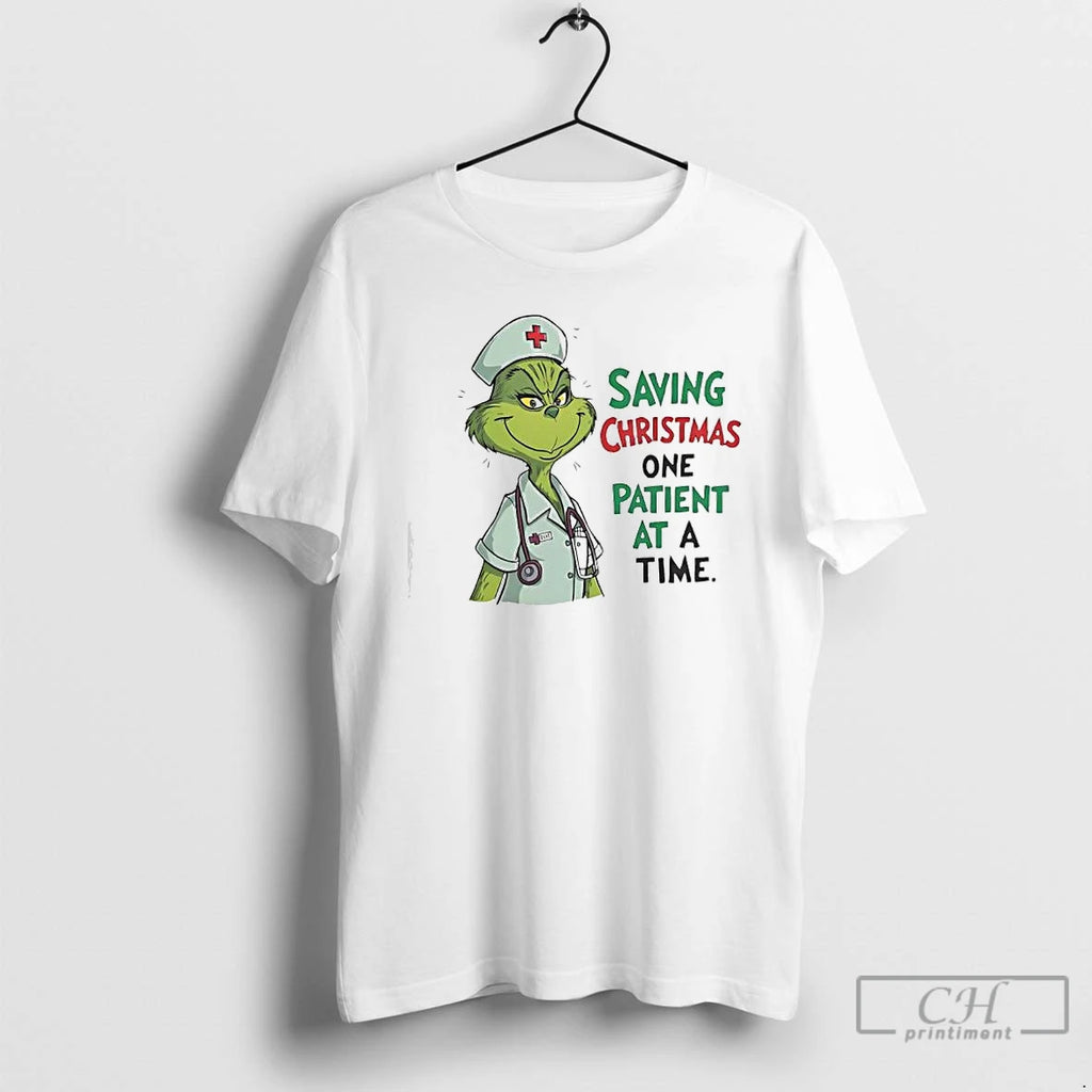 Classic Grinch Green Saving Christmas One Patient At A Time Nurse T-Shirts, Hoodie, Sweatshirt | PureTeeCo.com
