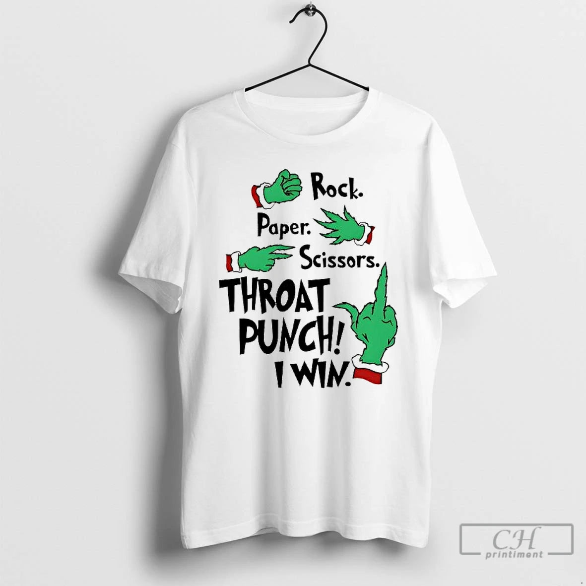 Classic Grinch Hand Rock Paper Scissors Throat Punch I Win Christmas T-Shirts, Hoodie, Sweatshirt | PureTeeCo.com