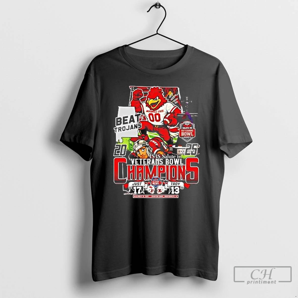 Classic Jacksonville State Gamecocks 2025 Veterans Bowl Champions Beat Trojans Mascot T-Shirts, Hoodie, Sweatshirt