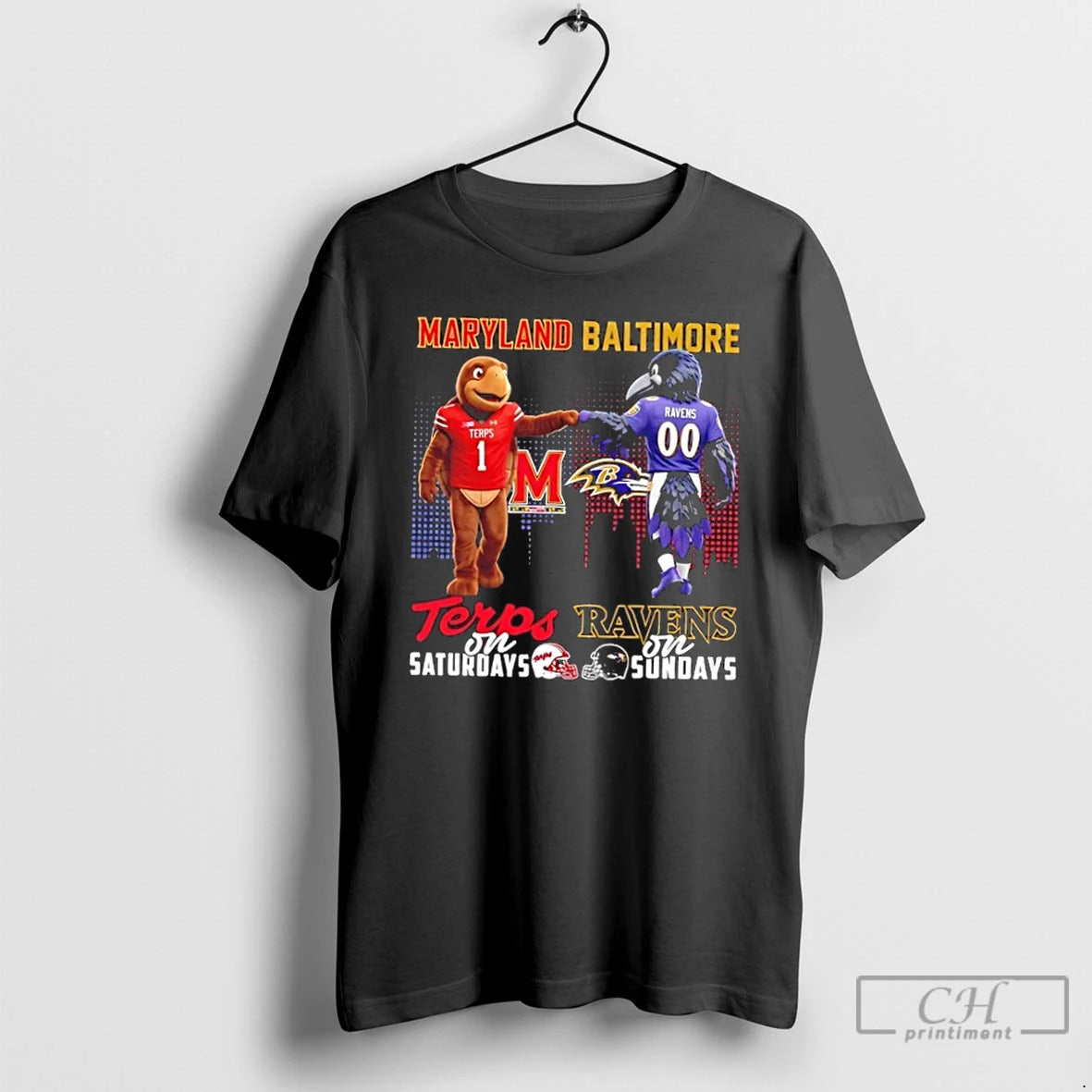 Classic Mascots Maryland Terrapins On Saturdays X Baltimore Ravens On Sundays Skyline T Shirts Sweater Hoodie, Sweatshirt