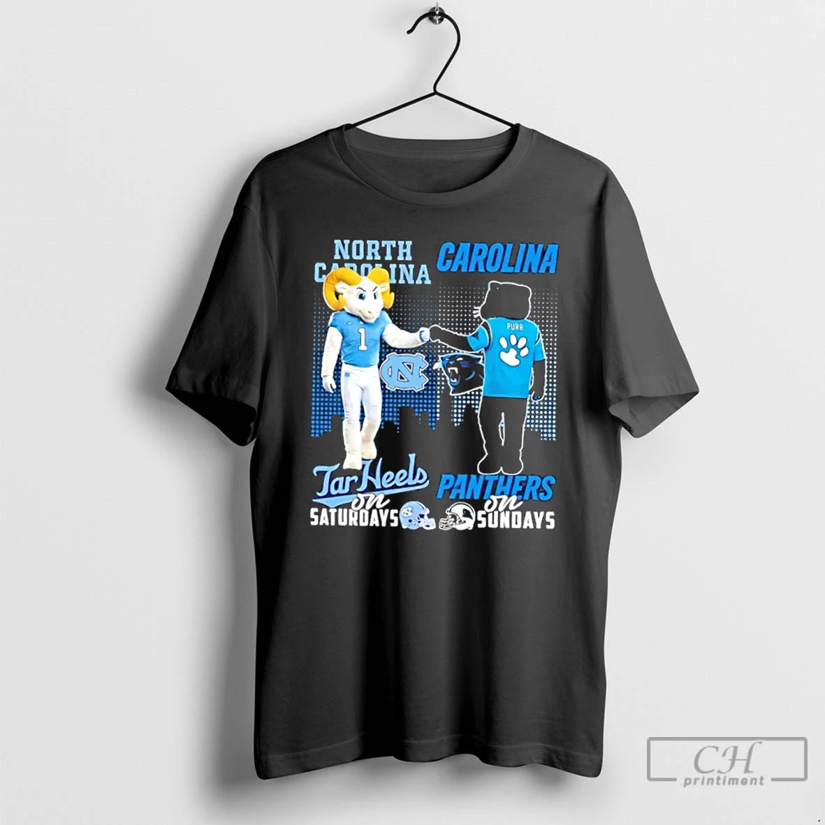 Classic Mascots North Carolina Tar Heels On Saturdays X Carolina Panthers On Sundays Skyline T-Shirts, Hoodie, Sweatshirt