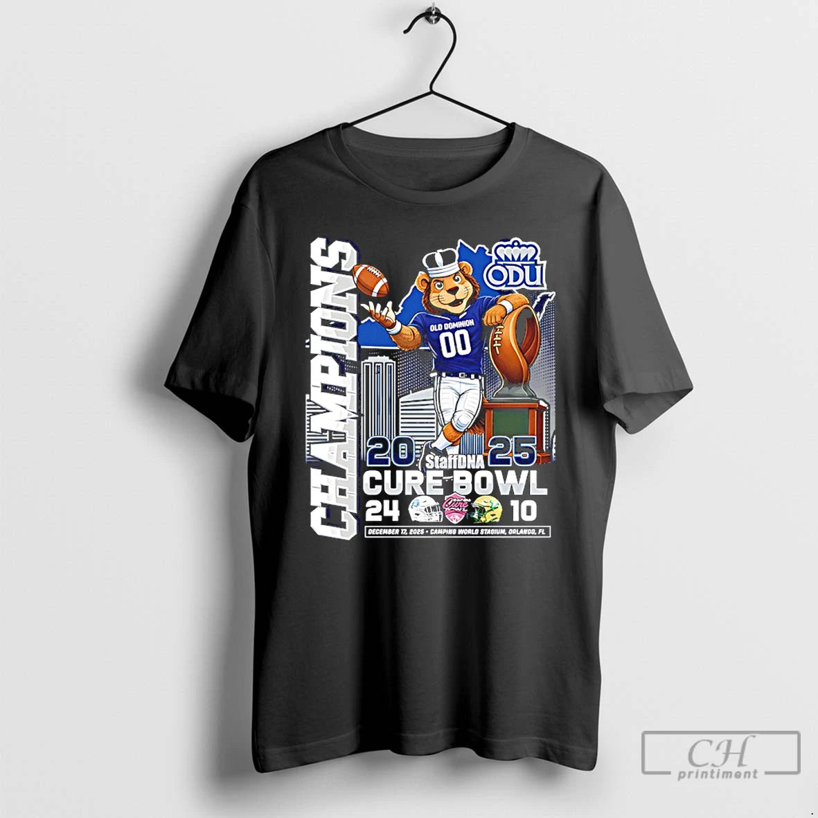Classic Old Dominion Monarchs 2025 Staffdna Cure Bowl Champions Mascot T-Shirts, Hoodie, Sweatshirt | PureTeeCo.com
