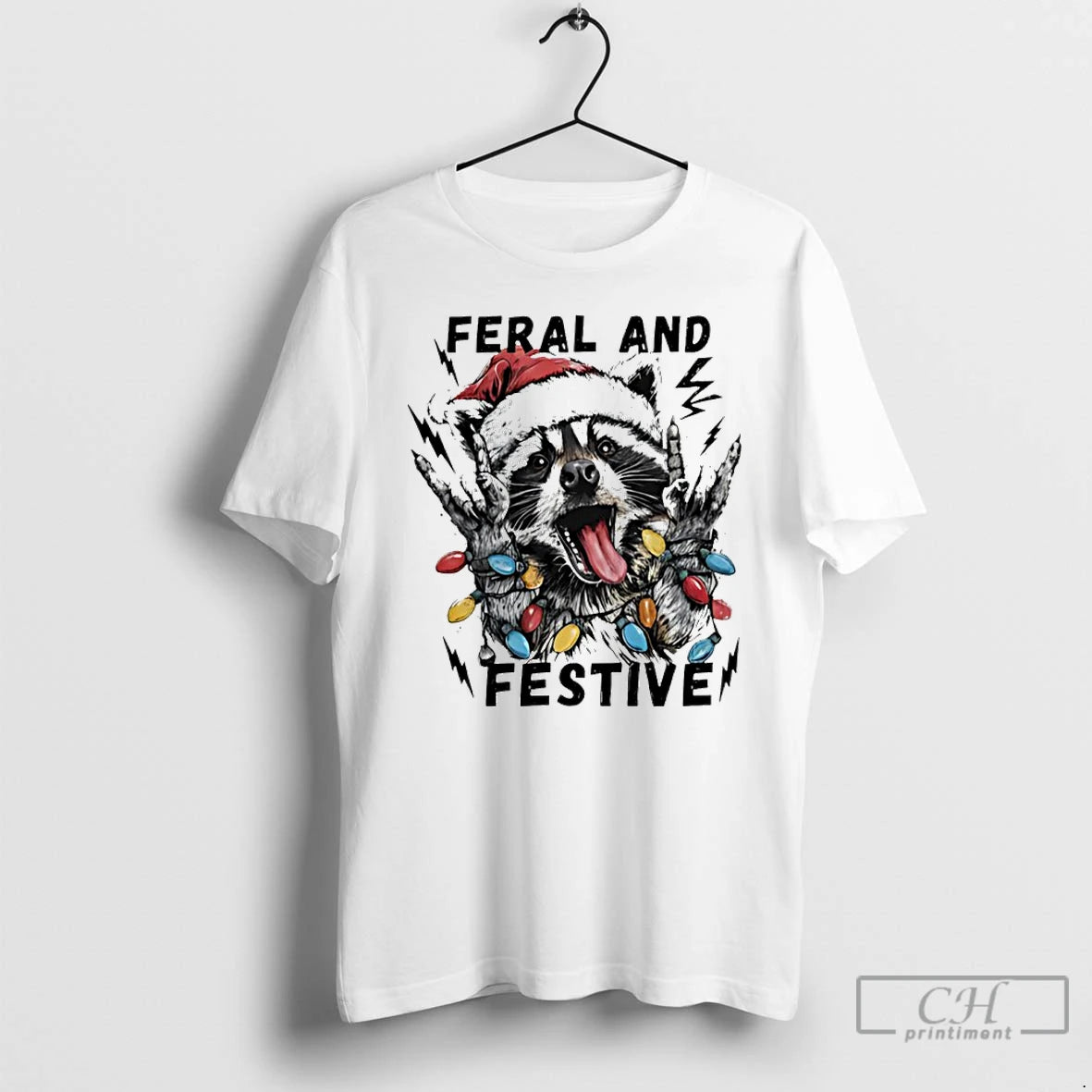 Classic Raccoon Santa Feral And Festive Christmas Light T-Shirts, Hoodie, Sweatshirt | PureTeeCo.com