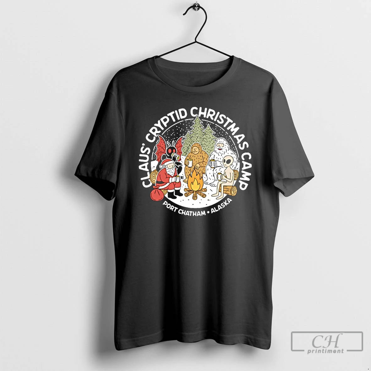 Classic Santa Claus Mothman Bigfoot Campfire Claus Cryptid Christmas Camp Port Chatham Alaska T Shirts Hoodie, Sweatshirt