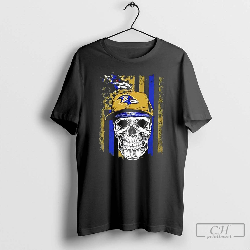 Classic Skull Wearing A Cap Baltimore Ravens Us Flag T-Shirts, Hoodie, Sweatshirt | PureTeeCo.com