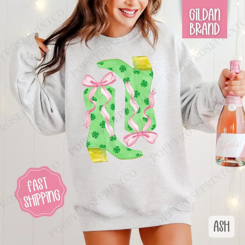 Clover Boots Sweatshirt, St Patrick's Day Crewneck, Cute Women's Sweater T-Shirts, Hoodie | PureTeeCo.com