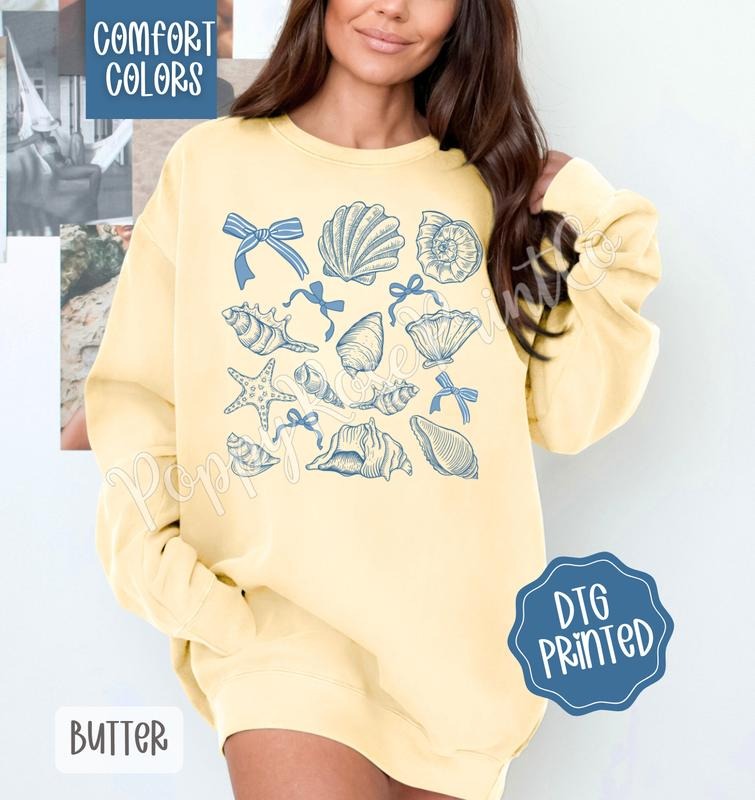 Coastal Seashells Comfort Colors Sweatshirt, Cute Summer Sweater, Girly Beach Crewneck T-Shirts, Hoodie | PureTeeCo.com