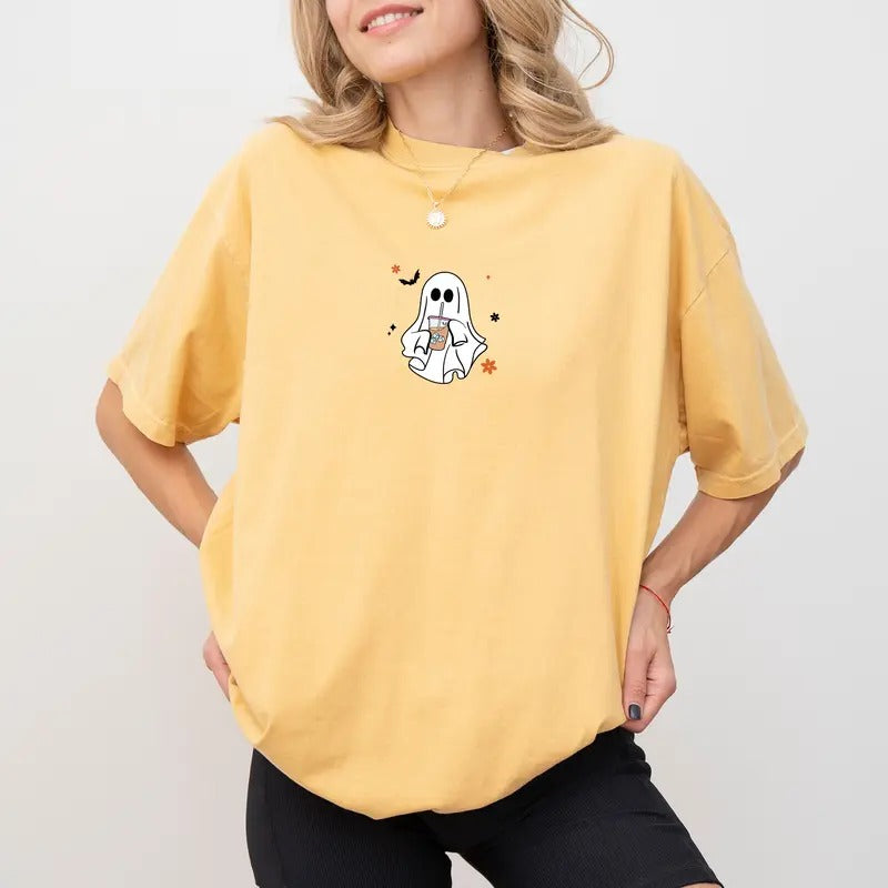 Coffee Lover Tee, Coffee fall Vibes Graphic T-shirt, Little Ghost Drinking Iced Coffee Unhinged Shirt, Fall Outfits, Autumn Vibes T-shirt, Comfy Fabric Graphic Tee, Women's Tops, Womenswear, Cotton Fabric Relaxed Fit Chic Style