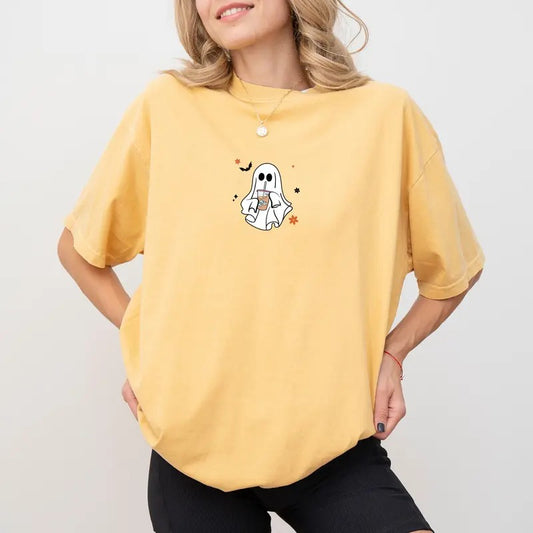 Coffee Lover Tee, Coffee fall Vibes Graphic T-shirt, Little Ghost Drinking Iced Coffee Unhinged Shirt, Fall Outfits, Autumn Vibes T-shirt, Comfy Fabric Graphic Tee, Women's Tops, Womenswear, Cotton Fabric Relaxed Fit Chic Style