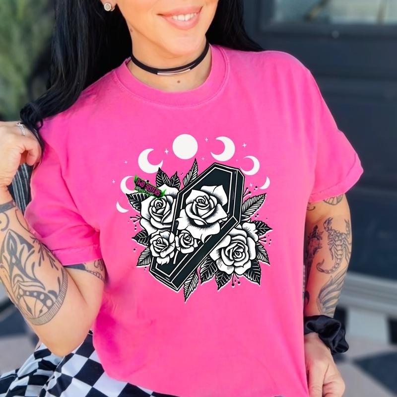 Coffin & Moon Celestial Vibe with Roses - Unisex Short Sleeve Shirt in Neon Pink