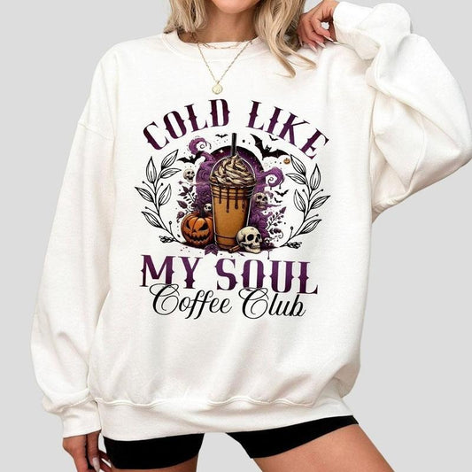 Cold Like My Soul Sweatshirt, Halloween T-shirt, Coffee Halloween Shirts, Witch Sweatshirt For Her, Shirt For Women, Spooky Season T-Shirts, Retro Halloween Sweatshirt, Women's Tops, Trendy Halloween Tee, Cute Autumn Shirt