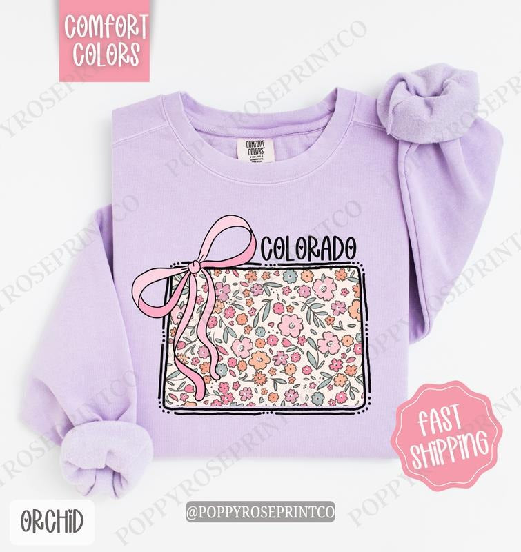 Colorado Floral Comfort Colors Sweatshirt, Colorado Sweatshirt, Cute Bow Colorado Sweatshirt T-Shirts, Hoodie | PureTeeCo.com