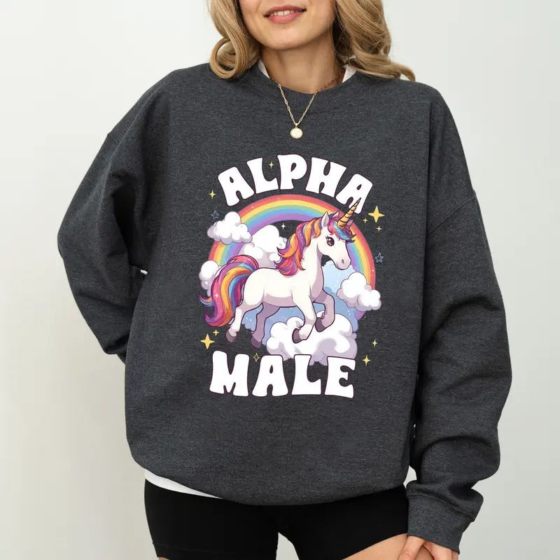 Colorful Alpha Male Sweatshirt, Funny Meme Crewneck, Cute Unicorn Long Sleeved Pullover, Sister Gift, Women Aesthetic Tee...
