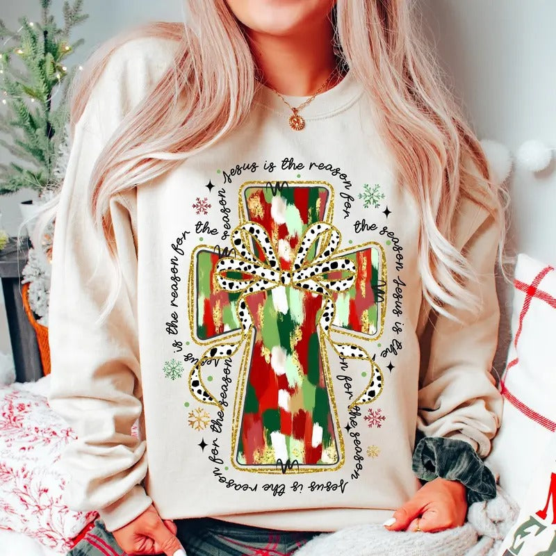 Colorful Coquette Glitter Jesus Cross Shirt, Jesus is the reason, Bright Color Christmas Coquette Bow Dalmatian,...