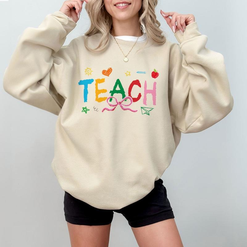 Colorful Teach Shirt, Teacher Graphic Tee with Bow, Cute Classroom Sweatshirt for Women, Back to School Teacher...