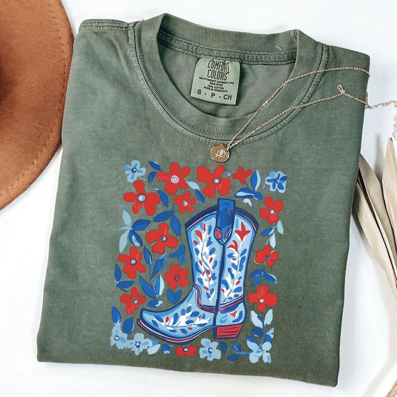 Comfort Colors 4th Cowgirl Shirt, 4th of July Cowgirl boots Shirt, Western Patriotic Fourth Of July T-Shirt, 4th of July...