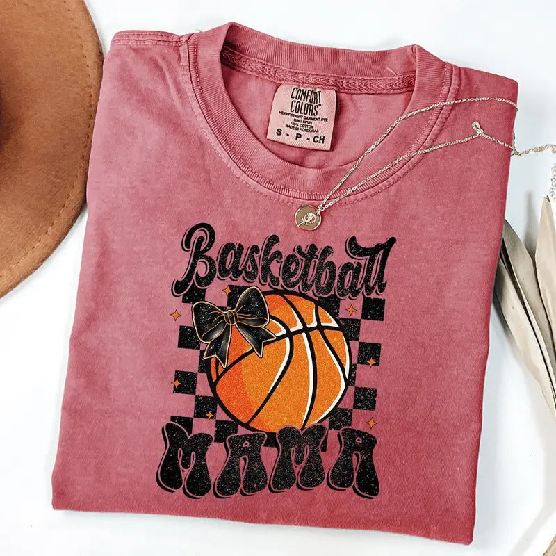 Comfort Colors Basketball Mama Shirt, Basketball Game Day T-Shirt, Checkered Coquette Basketball Shirt, Game Day Sports Tee