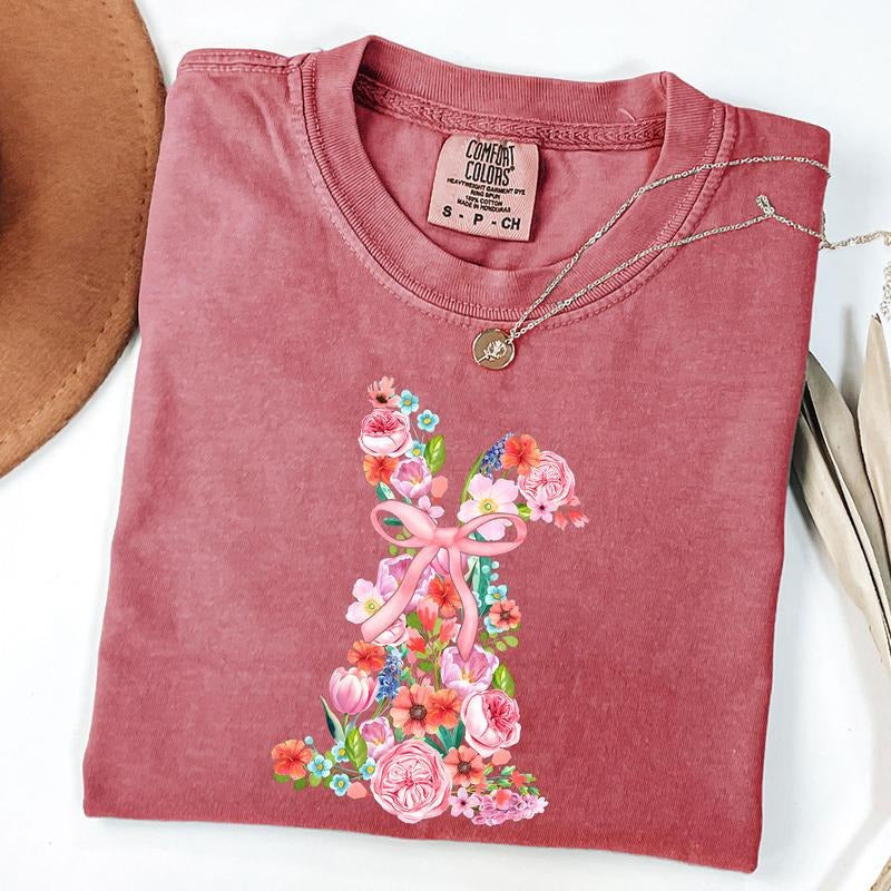 Comfort Colors Bunny Easter Coquette Shirt, Watercolor Floral Easter Bunny Shirt, Easter Coquette Bow Tee Hoodie, Sweatshirt
