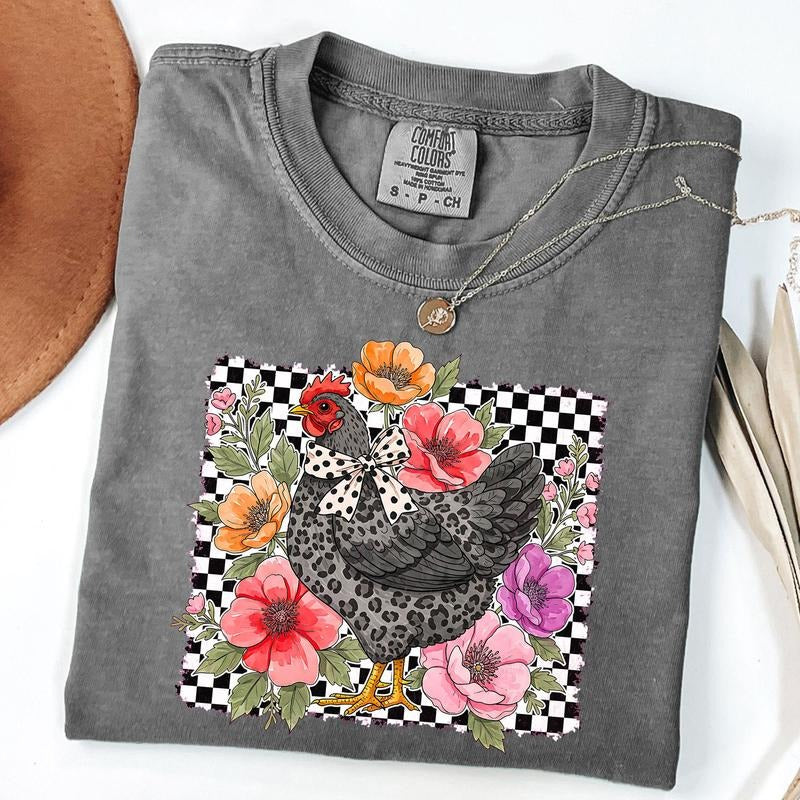 Comfort Colors Checkered Floral Chicken Shirt, Wildflower Chicken T-Shirt, Chicken Lover Shirt, Farm Life T-Shirt, Unisex...
