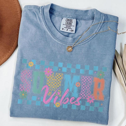 Comfort Colors Checkered Summer Shirt, Summer Vibes Tee, Retro Floral Summer T-Shirt, Beach Shirt