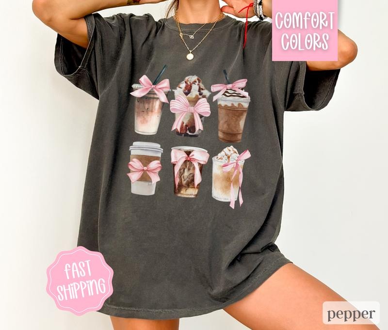Comfort Colors Coquette Coffee Shirt Aesthetic Iced Coffee Oversized Tshirt Vintage Tee Short Sleeve 100% US Cotton DTG...