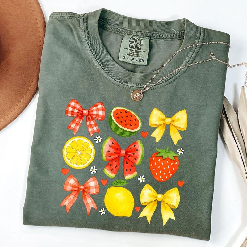 Comfort Colors Coquette Watermelon T-Shirt, Summer Fruit Shirt, Mama Lemon Bow Tee, Summer Vibes T-Shirt, Cute Strawberry...